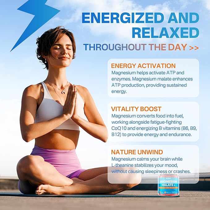Nextdia Magnesium Malate Energy Gummies Plus L-Theanine, CoQ10, Methyl B12, Methylfolate, B6 & D3-400mg Magnesium Gummy Sugar Free for Women Men, Supports Muscle Function, Calm & Relax, Vegan, 60 Cts
