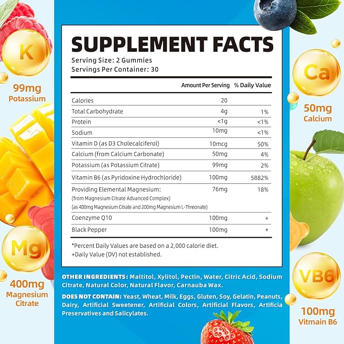 softbear Potassium Gummies for Adults, High Absorption Potassium Magnesium Supplement with Vitamin B6 CoQ10 for Leg Cramps & Muscle Health Sugar-Free Vegan Mixed Fruit Flavor 60 Gummies