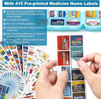 14 Grids Travel Pill Organizer Box with 415-Pcs Medicine Name Labels - Pocket Daily Pharmacy Case Container Kit - Travel Medication Holder Dispenser for Fish Oil Vitamin Supplement Storage - Sky Blue