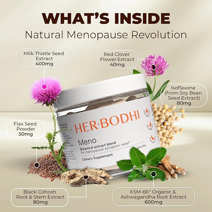 Her Bodhi Meno- Menopause Hormonal Balance for Women, Estrogen Soy Isoflavones Menopause Supplement for Women, Ashwagandha, Black Cohosh Hot Flashes Menopause Relief, Night Sweats Relief 120Caps