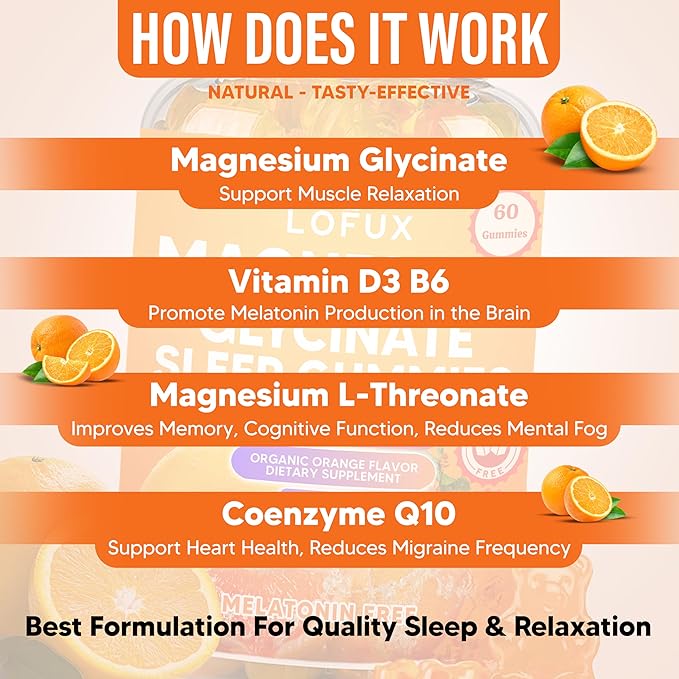 Lofux Magnesium Glycinate Gummies 400mg, Sugar Free Magnesium Gummies for Adults Women, Men, Chewable Supplement Gummy with L-Threonate, Vitamin D, B6, CoQ10 - for Calm, Sleep, Body Relaxation, 60 Ct