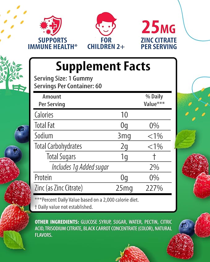 Zinc Gummies for Kids - Chewable Zinc Gummy Supplement for Children Immune Support - Low Sugar Natural Antioxidant Non-GMO Vitamin Chewables for Toddlers & Teens - 60 Gummies