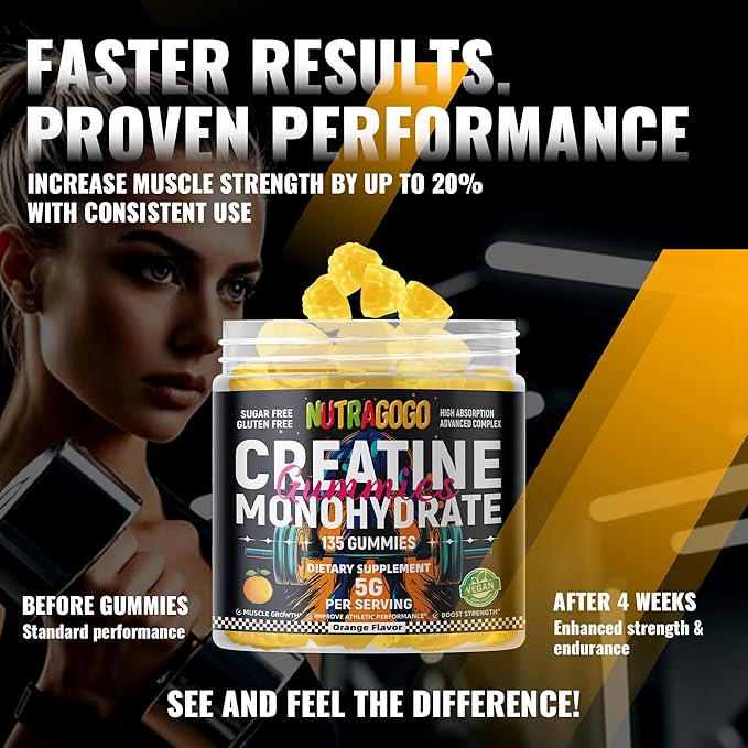 NSF Certified Creatine Gummy - Creatine Monohydrate Gummies for Men & Women-5g of Creatine Monohydrate per Serving - Sugar Free,Vegan, Organe Electrolyte Chews, 135 Count