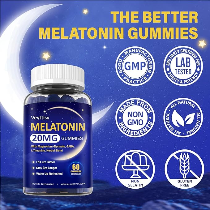 Melatonin 20mg Gummies for Adults - Max Strength Melatonin Gummy Supplement with Magnesium Glycinate, B6, B12, L-Theanine, GABA, & Herbs - Non-Habit Forming, Vegan, Natural Mixed Berry Flavor