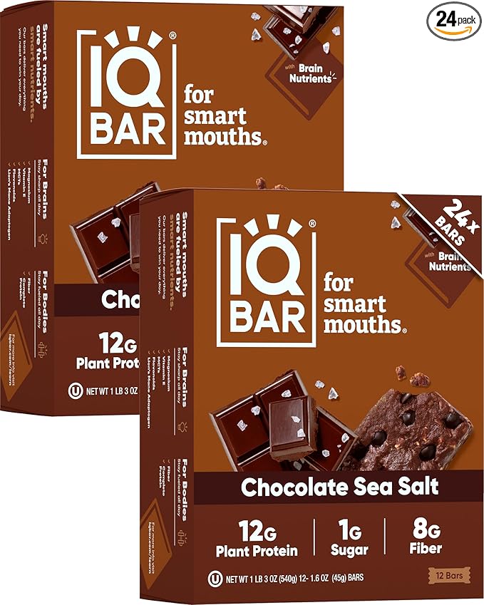 IQBAR Clean Plant Protein Bars - Chocolate Sea Salt - 24 Count - Keto, Vegan, High Fiber, Gluten and Dairy Free, Low Sugar Snack - Brain and Body Nutrients for Focus, Energy, Meal Replacement