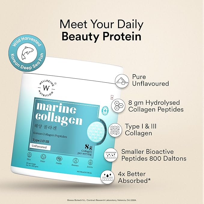 WELLBEING NUTRITION Pure Korean Marine Collagen Supplements for Women & Men, 200g | Hydrolyzed Collagen Powder and Amino Acids | Supports Healthy Skin, Hair, Nails, Bone & Joint | Unflavored