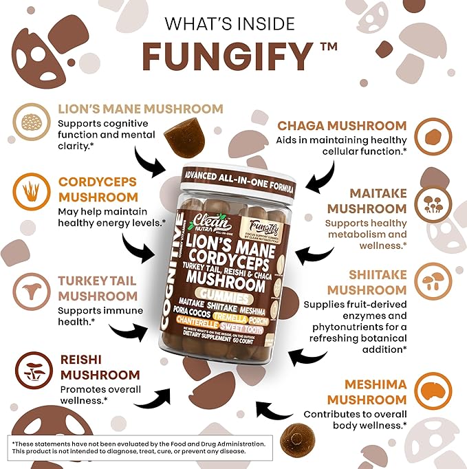 Clean Nutra Lions Mane Mushroom Gummies Cordyceps Supplement for Memory and Focus Immune Support Vitamins Reishi Chaga Turkey Tail Mushrooms Gummy Shiitake Maitake Meshima Supplements