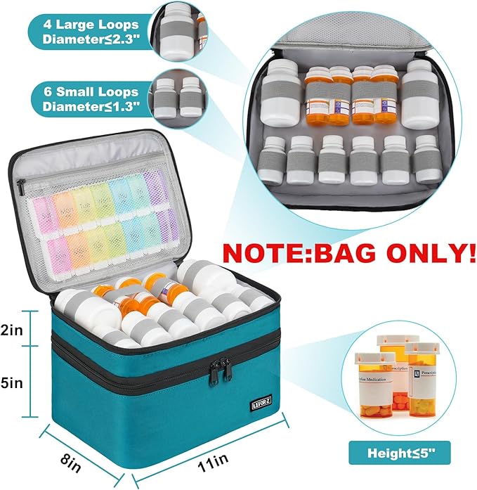 LEFOR·Z Medicine Storage Bag,Double Layers Pill Bottle Organizer Bag Empty with Lockable Zipper&Adjustable Divider,Medication Travel Carrying Bag for Pills,Vitamins,Medical Supplies,Teal Color