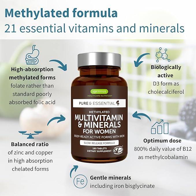 Igennus High Potency Methylated Multivitamin for Women, Pure & Clean Ingredients, MTHFR Supplement with Active B-Vitamins, Vitamin K2 MK7, Gentle Iron, Sustained Released, Non-GMO & Halal, 180 Tablets