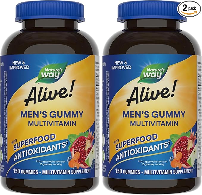 Nature's Way Alive! Men's Multivitamin Gummies,Supports Energy Metabolism*,Muscle Function*,Superfood Antioxidants(1),B-Vitamins,Vegetarian,Fruit Flavored,150 Gummies (Packaging May Vary),(Pack of 2)