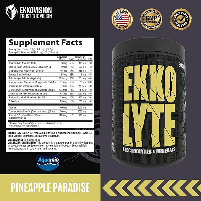 Ekkovision Ekkolyte Electrolytes and Minerals Powder, 50 MG Vitamin C & 155 MG Magnesium for Hydration Support, Essential Electrolytes for Women and Men, Pineapple Paradise Flavor, 60 Servings