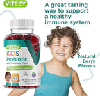 Viteey Probiotic Gummies for Kids Plus Prebiotics Fiber - 2 Billion CFUs - Digestive Health,Gut Health, Constipation Relief for Kids Support - Vegan, Gelatin Free - Chewable Probiotic Berry Flavored