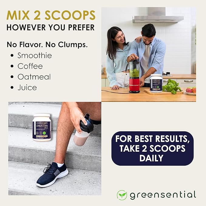 Greensential Collagen Peptides Plus Powder 21oz | + Acerola Vitamin C & Hyaluronic Acid | 100% Hydrolyzed Grass-Fed | Hair, Skin, Nail & Joint Support | Easy to Mix, Unflavored, 28 Servings