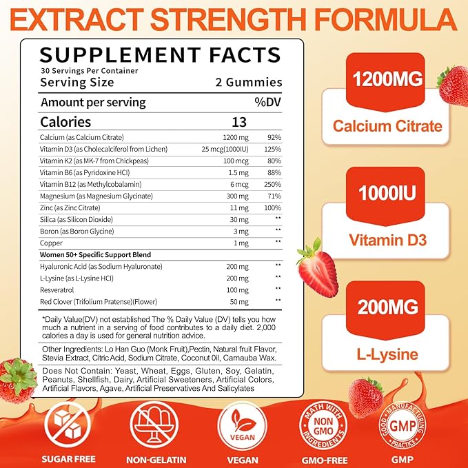 50+ Women’s Calcium Citrate Gummies: 1200mg Chewable Calcium Gummy Supplements Plus Magnesium Zinc Vitamin D3 K2 B12 B6 - Energy Immune Overall Health Support Vegan Sugar Free(120Count)