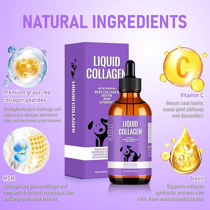 Liquid Collagen for Dogs with Premium Grass-Fed Collagen, Skin & Coat Support, Hip & Joint Mobility, Itch Relief, Digestive & Immune Health, with MSM, Biotin & Vitamin C, 4 fl oz