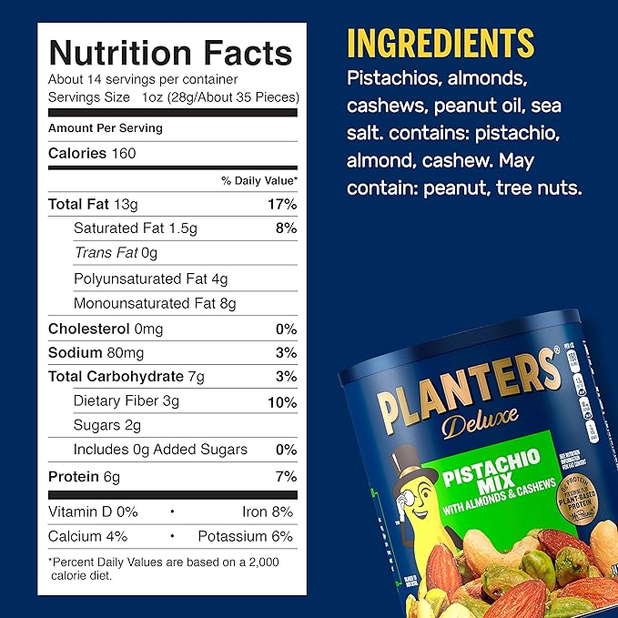 PLANTERS Deluxe Pistachio Mix, Party Snacks, Plant-Based Protein, 14.5 Oz Canister (Pack of 2)