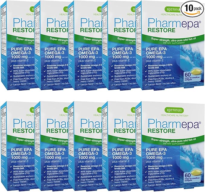 Igennus Pharmepa Restore, Pure EPA 1000mg, Omega 3 rTG Fish Oil, IFOS Certified, High Absorption, 90% Concentration Triple Strength, Wild & Sustainable, Lemon Flavor, 10-Month Supply, Pack of 10