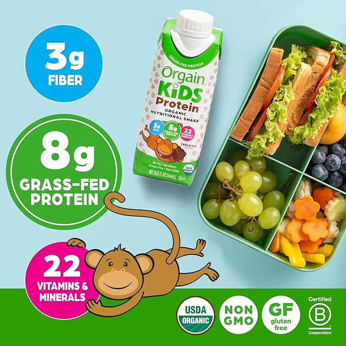 Orgain Organic Kids Nutritional Protein Shake, Chocolate, Healthy Kids Snacks, 8g Dairy Protein, 3g Fiber, 22 Vitamins & Minerals, No Soy Ingredients, Gluten Free, Non-GMO, 8.25 Fl Oz (Pack of 24)