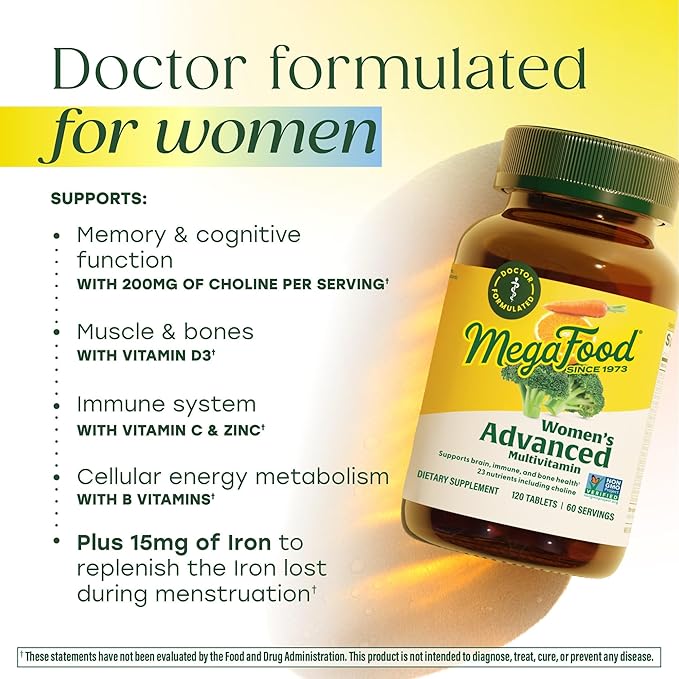 MegaFood Women's Advanced Multivitamin for Women - Doctor-Formulated With Iron, Choline, Vitamin D, Vitamin C & Zinc - Brain Health - Immune Support - Non-GMO - Vegetarian - 60 Tabs (30 Servings)