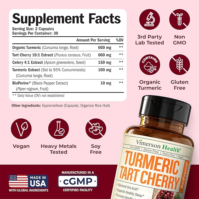 Turmeric Curcumin Supplement with 10:1 Tart Cherry Extract & Celery Seed Extract – Natural Uric Acid Balance, Joint Health & Sleep Aid – Turmeric Curcumin with Black Pepper – 60 Tart Cherry Capsules