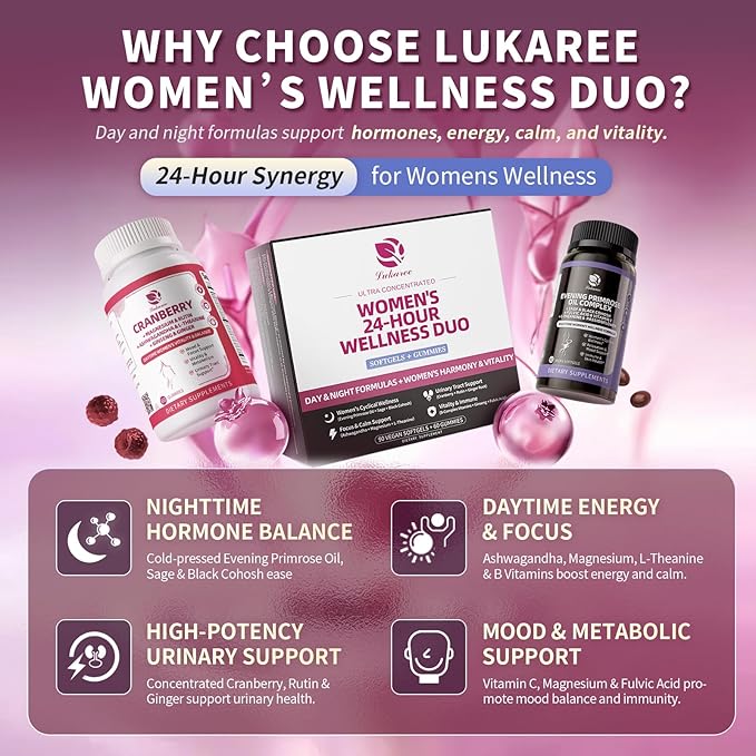 Lukaree Evening Primrose Oil & Cranberry Wellness Duo – Supports Urinary Health, Hormonal Balance, Skin Health, Stress Relief, and Relaxation – Daytime Clarity & Nighttime Calm – 30-Day Supply