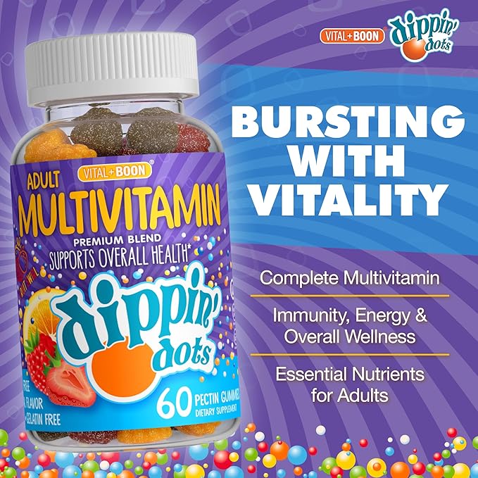 Vital+Boon Dippin' Dots - Multivitamin Gummies for Adults - Gummy Vitamins with Vitamin A, B6, C, D3, E & Folic Acid - Vegetarian, Non-GMO, Gluten-Free (60 Count)