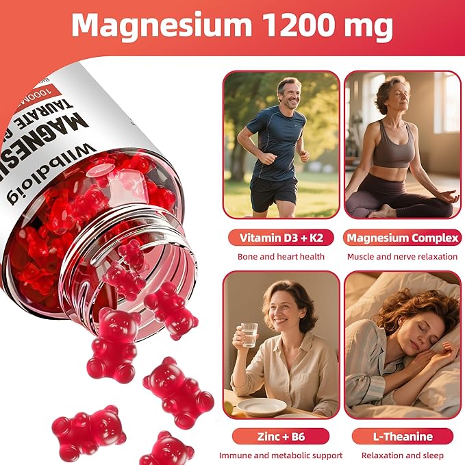 Magnesium Taurate Gummies, 1000mg Complex Magnesium Taurate Glycinate Citrate Gummies -High Absorption & Sugar Free, Muscle,Sleep and Heart Health Support, Vegan, Gluten Free, 60 Counts