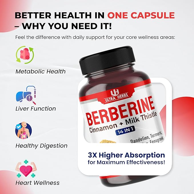 Ultra Herbs Premium Berberine with Cinnamon, Milk Thistle - Promotes Liver Function, Gut Health, Immunity (150 Count (Pack of 1))
