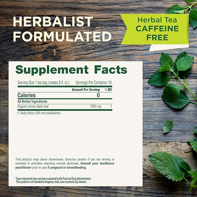 Traditional Medicinals Organic Lemon Balm Tea, Tea Bags | Herbal | Pack of 2 | 16 Count | Calming