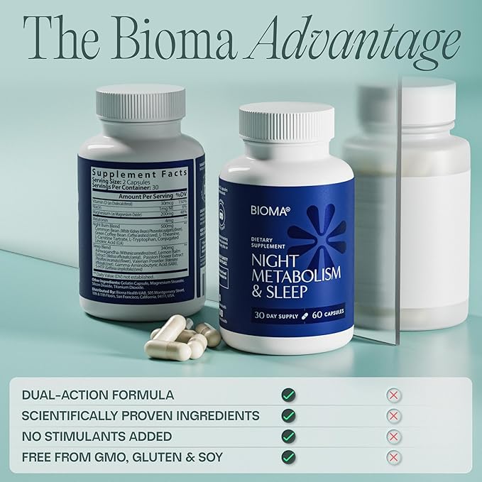 BIOMA Night Metabolism & Sleep - Supports Digestion, Energy Metabolism & Restful Sleep with Melatonin, Vitamin D, Magnesium & More - 60 Capsules (30-Day Supply)