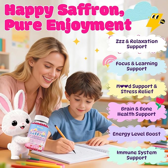 Liposomal Saffron Gummies for Kids and Adults, Pure Saffron Extract Supplements with Holy Basil, Rosemary, Magnesium Glycinate, L-Theanine, Stress Relief & Focus Support, Sugar Free, 60 Ct