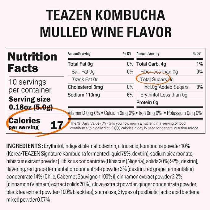 TEAZEN Mulled Wine Kombucha Powder, Spice Tea, Sugar Free, Live Probiotics & Postbiotics, Relaxation and Warmth for Colds and Sore Throat, Electrolyte & Hydration Drink Mix, On-the-Go 10 Packets, 1.76oz