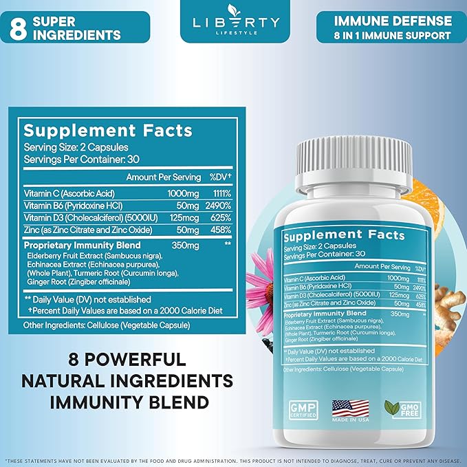 8 in 1 Immune Supplement with Echinacea, Vitamin C and Zinc 50mg, Vitamin D 5000 IU, Turmeric Curcumin & Ginger, B6, Elderberry 180 Count (Pack of 3)