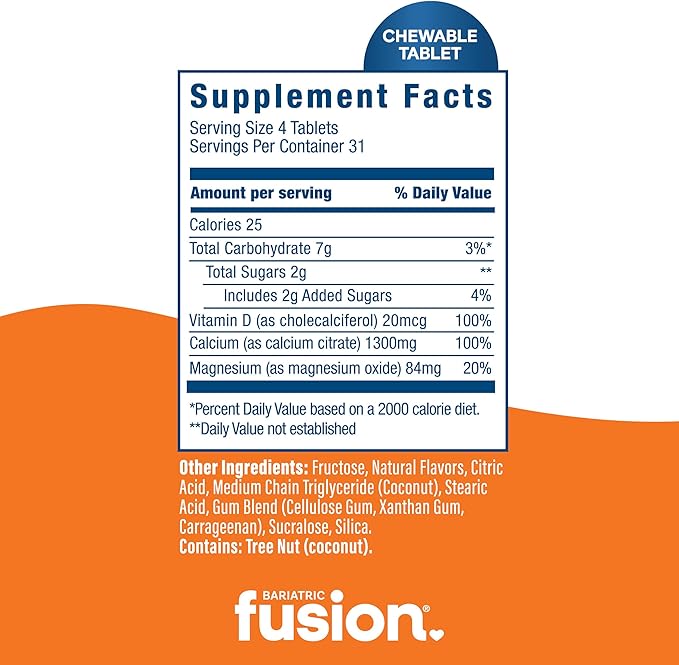 Bariatric Fusion Calcium Citrate Chewable Tablet | Orange Citrus Flavored | Chewable Calcium Citrate | Bone Health Support* | Gluten, Dairy and Soy Free | Non-GMO | 124 Count