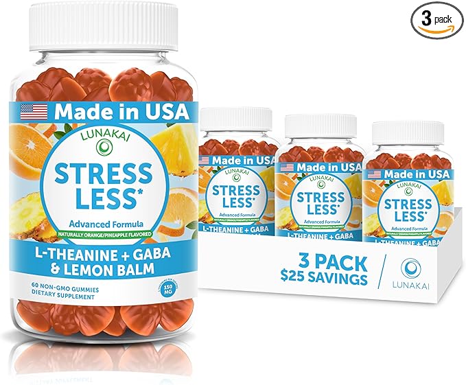 Lunakai USA Made Calm & Stress Relief Gummies – Delicious GABA + L-Theanine Calming Supplement for Adults & Kids – Natural Stress Support - 3 Pack