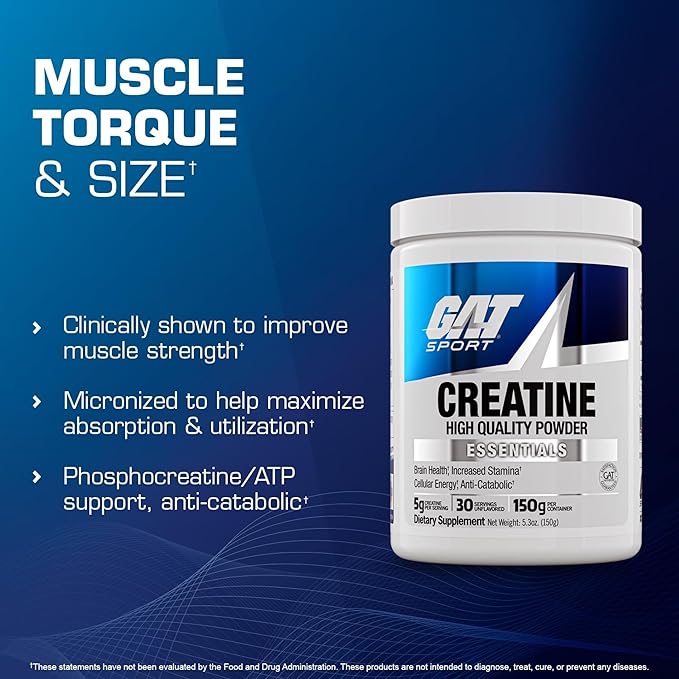 GAT SPORT Creatine Monohydrate Powder, 150 Grams, Strength, Brain Health, GLP1 Support Anti-oxidant, Endurance, for Men & Women, 1 Month Supply, Unflavored (30 Servings)