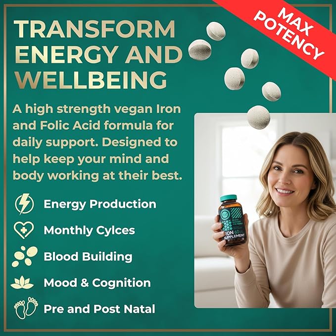 Iron Supplement for Women with Folic Acid - 35 mg Blood Builder Ferrous Sulfate, Folic Acid 400 mcg - Iron Pills for Women with Anemia & Pregnancy Support - 60 Gluten-Free, Vegan Vitamin Tablets