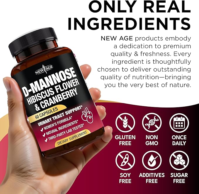 NEW AGE D-Mannose with Cranberry & Hibiscus - High Strength for Urinary Tract Health - Supplement for Women - Bladder, Liver & Microflora Support - Made in USA - Vegan, 120 Capsules