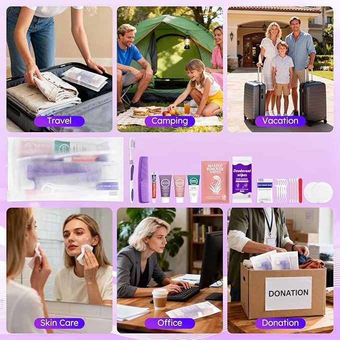 Travel Toiletries Personal Cleaning Bulk,Disposable Hygiene Kit Care Package Supplies, Women Toiletry Essentials Set Individually Wrapped for Camping, Hotel, Vacation, Homeless, Charity (11-in-1, 20)