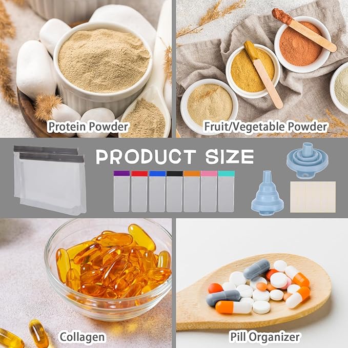 Protein Powder Travel Container Set, Travel Protein Powder Container to Go Supplement Reusable Portable with Funnel Spoon Label, 14pcs Single Dose Bags and 2pcs Large Zip Bags Supplement Storage