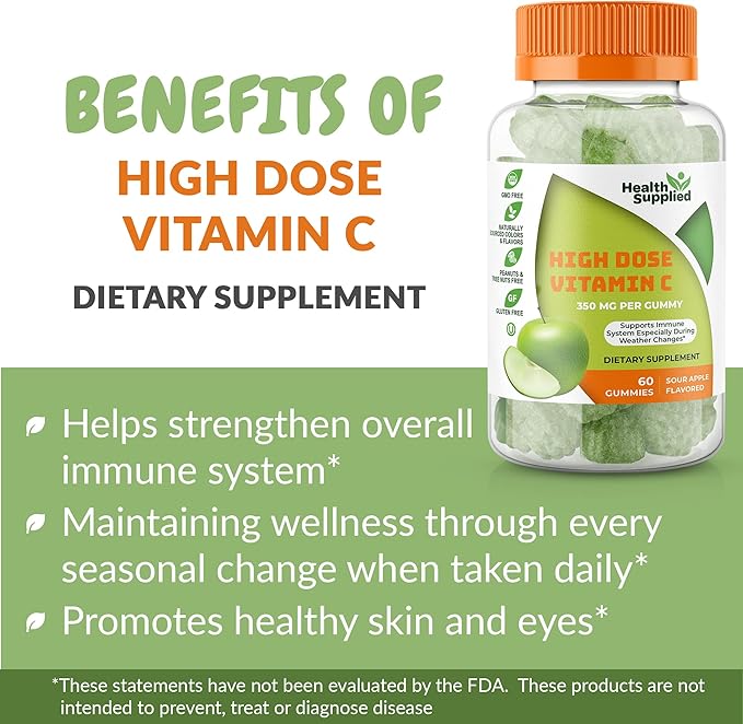 Sour Apple Flavored Vitamin C Gummies Mega Dose - 1050 mg Vitamin C - Boosts Immune System and Supports Heart Health - Great Tasting and Easy to Swallow