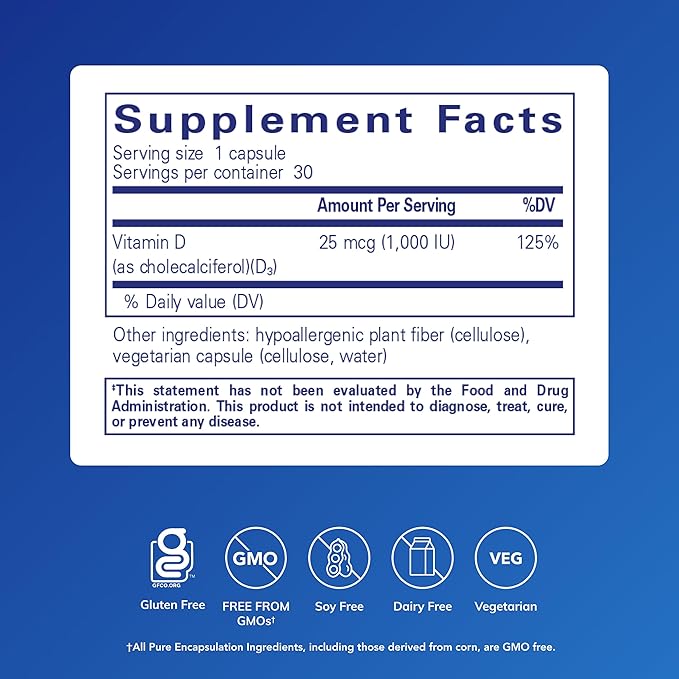 Pure Encapsulations Vitamin D3 25 mcg (1,000 IU) - Supplement to Support Bone, Joint, Breast, Heart, Colon & Immune Health* - with Premium Vitamin D - 30 Capsules
