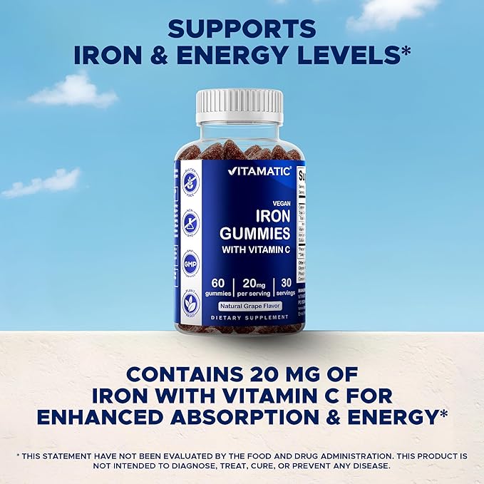 Vitamatic Iron Gummies Supplement for Women & Men - 20mg Serving - 60 Vegan Gummies - Great Tasting Iron Gummy Vitamins with Vitamin C (60 Count (Pack of 3))
