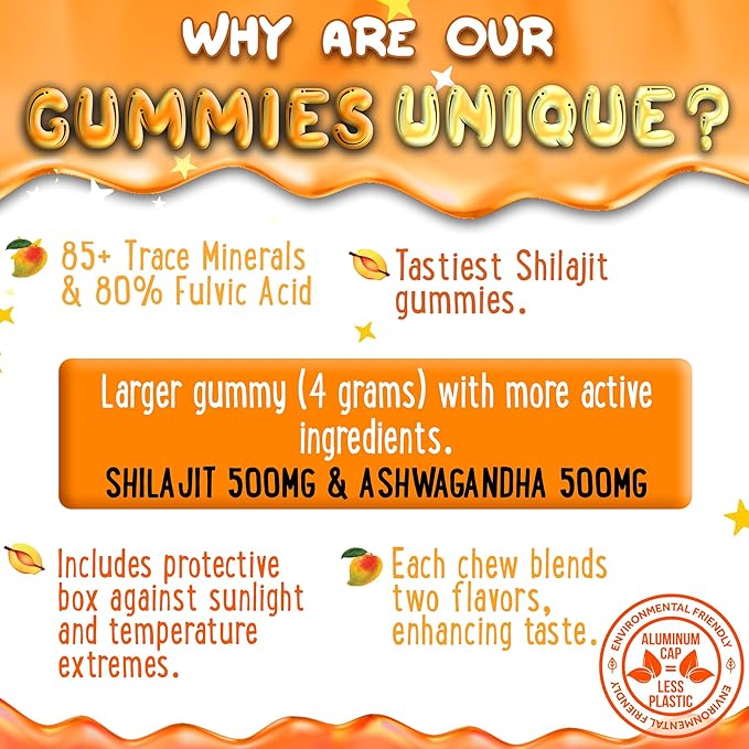 OH MY CHEWY Pure Himalayan Shilajit Gummies - High Potency Gold Grade Resin - Energy Boost and Immune Support for Men and Women with Ashwagandha and Shatavari - 120 Gummy - Peach & Mango