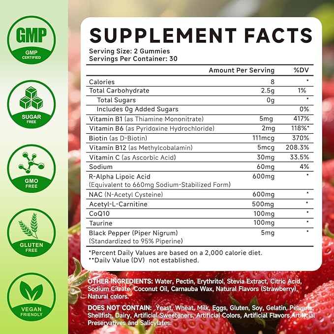 R Alpha Lipoic Acid 600mg Gummies, Stabilized R-Alpha Lipoic Acid, ALA Supplement for Nerve Health, Antioxidant & Metabolism Support- Vegan, Non-GMO, Gluten Free, Strawberry Flavor - 120 Count