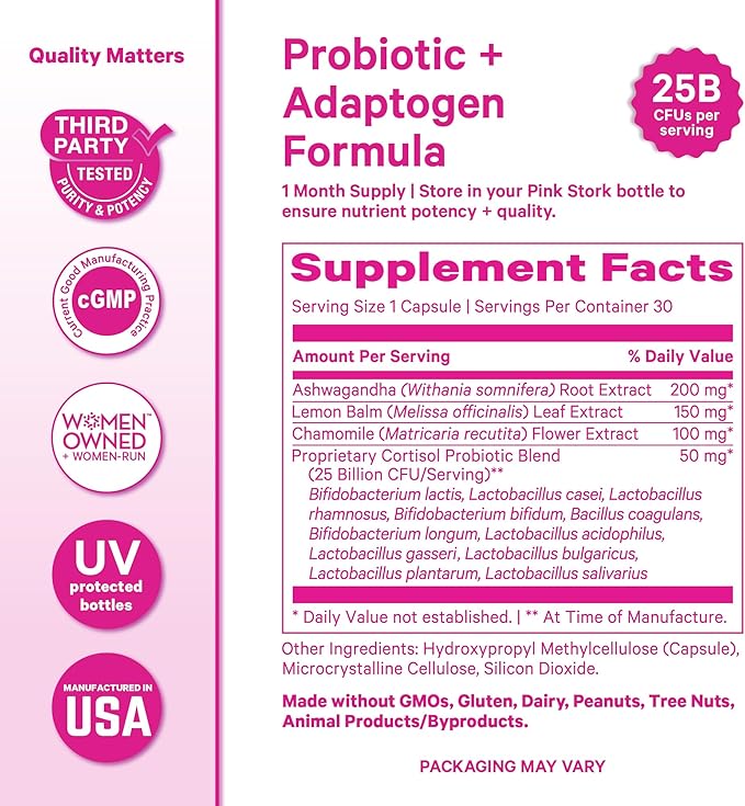 Pink Stork Cortisol Probiotic for Women – Mood and Adrenal Support Supplement – Ashwagandha, Lemon Balm, Chamomile, 25 Billion CFU – Gut Health, Energy, Focus – Lower Cortisol – 30 Capsules