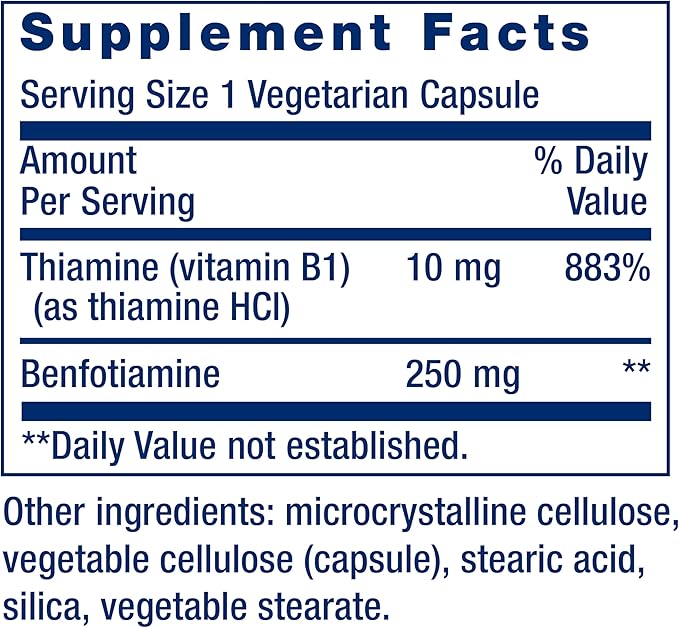 Life Extension Mega Benfotiamine, 250 mg, a fat-soluble form of thiamine, healthy metabolism, ultra-bioavailable vitamin B1, high potency, gluten-free, non-GMO, vegetarian, 120 capsules