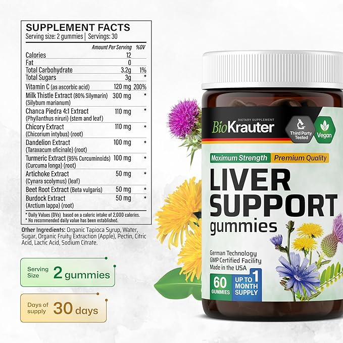 BIO KRAUTER® 9-in-1 Liver Detox with Vitamin C, Milk Thistle, Turmeric, Dandelion Root, Beet Root, Chanca Piedra for Liver Support - Vegan Liver Supplement, 60 Gummies, 30 Days of Supply - Non-GMO