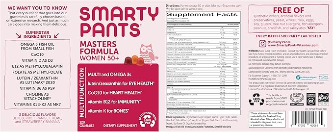 SmartyPants Multivitamin Gummy for Women 50 and Over: Omega 3 Fish Oil (EPA/DHA),Methylfolate,CoQ10,Vitamin D3,C,Vitamin B12,B6,A,K & Zinc,Biotin,Gluten Free,(30 Day Supply),120 Count (Pack of 2)