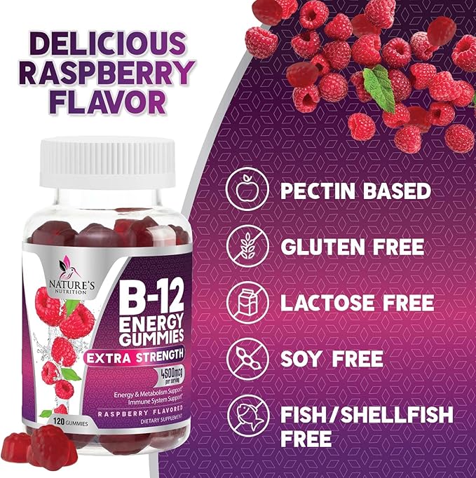 B12 Energy Gummies - 4500 mcg Vitamin B12 Per Serving - Extra Strength Chewable B12 Supplement for Energy, Metabolism & Immune Support - For Women, Men & Kids - Natural & Berry Flavored - 120 Gummies
